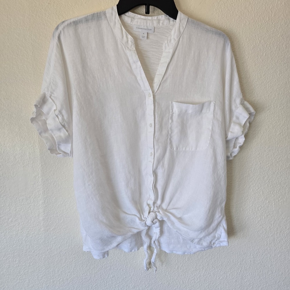 Women White Cotton Linen Tie Front Button Up Shirt Cover Up Beachy Vacation Med